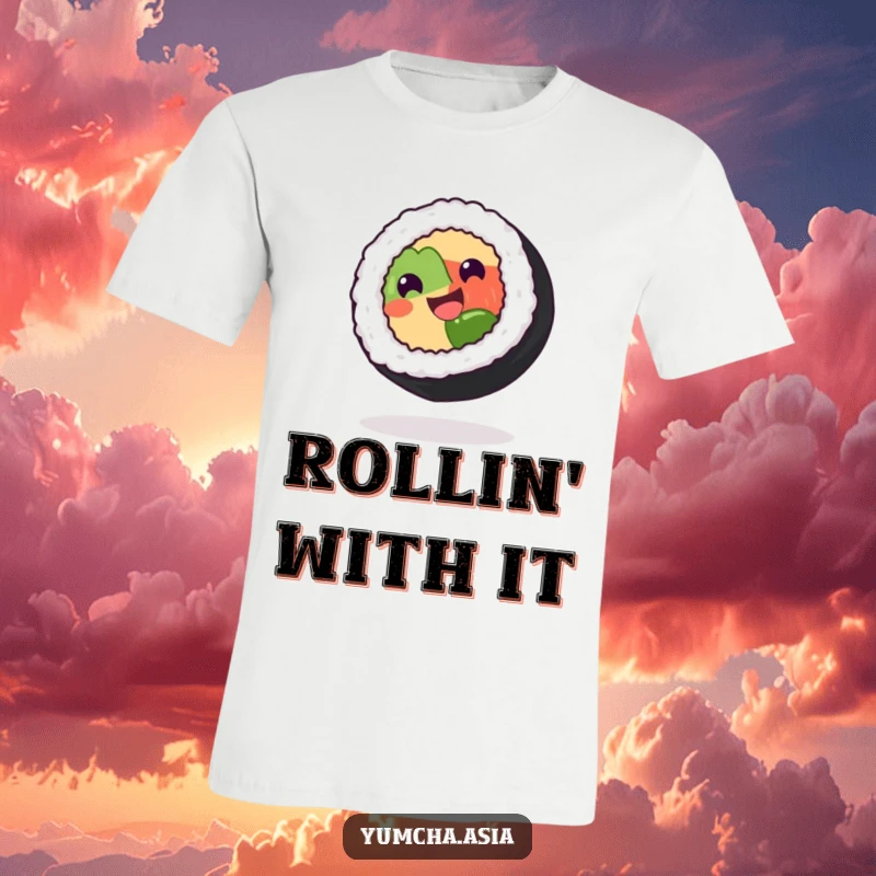 Funny sushi roll t-shirt depicting a grinning character spinning joyfully on its side, showcasing a delightful sushi design.