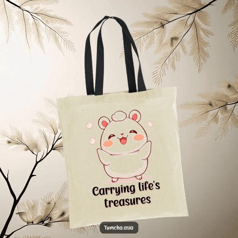 Funny bao bun tote bag with a cheerful character performing amazing juggling feats with three shiny pearls.