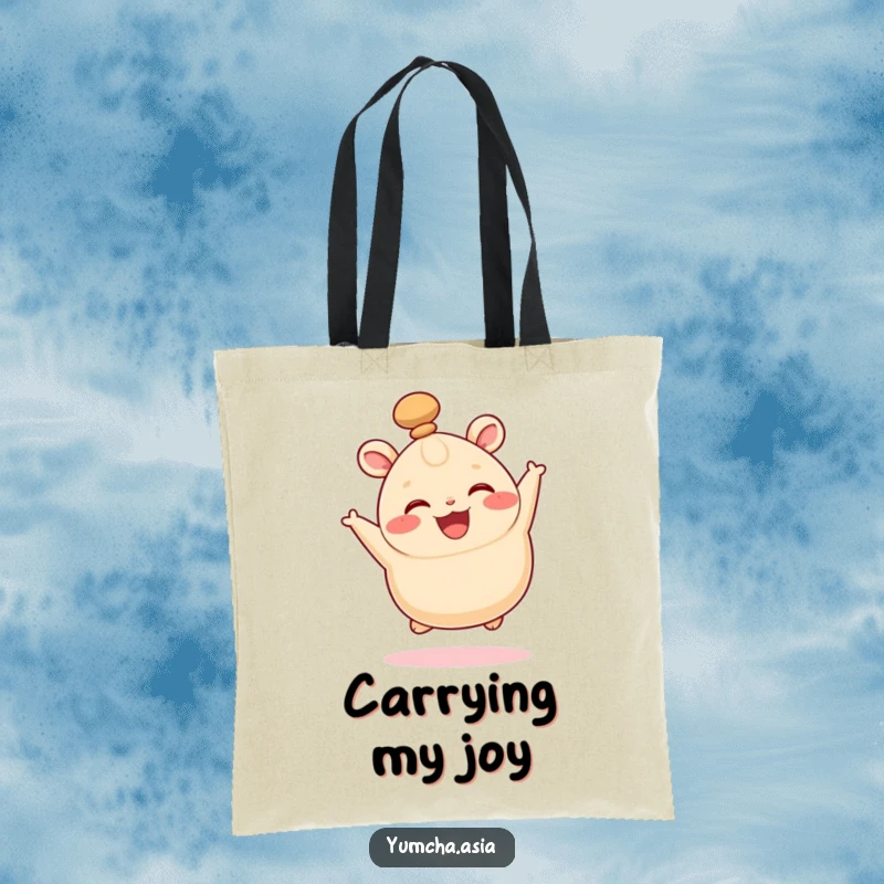 Funny tote bag with a happy bao bun leaping joyfully, its top knot wiggling with energy.