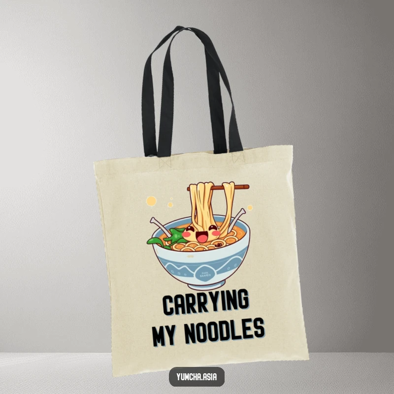 Funny tote bag depicting a jubilant ramen bowl with noodles enthusiastically jumping for joy.