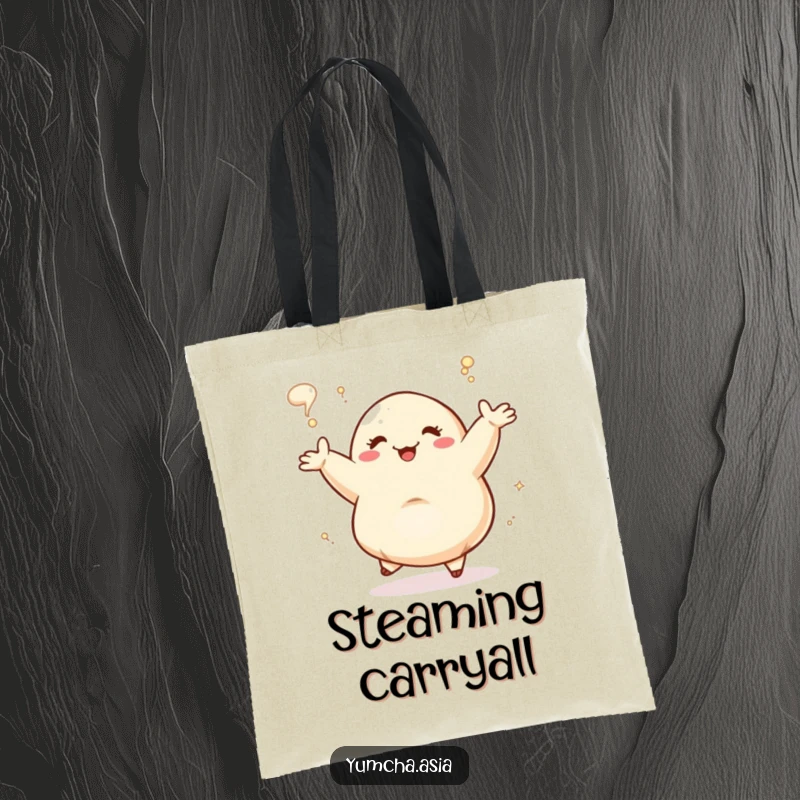 Funny Dancing Dumpling joyfully dancing and steaming, functional tote bag. This humorous accessory is perfect for market trips.
