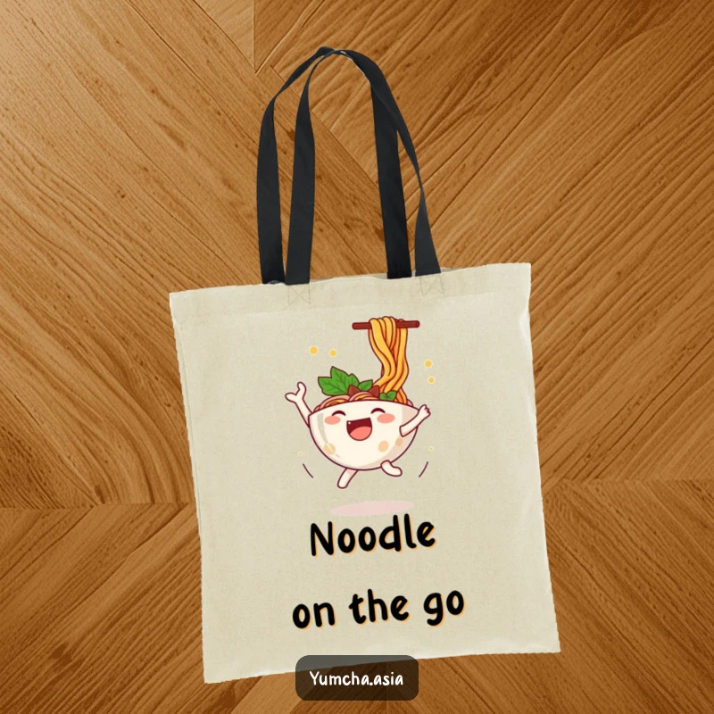 Funny ramen bowl tote bag with a happy character leaping energetically, noodles flying everywhere, perfect for carrying groceries.