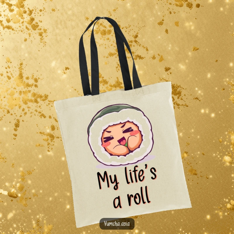Funny tote bag showing a sushi roll with eyes squinted in a humorous, playful struggle.